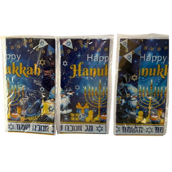 Set of 3 Hanukkah Tablecloths Blue Menorah & Star of David Plastic Table Covers - Picture 3 of 7
